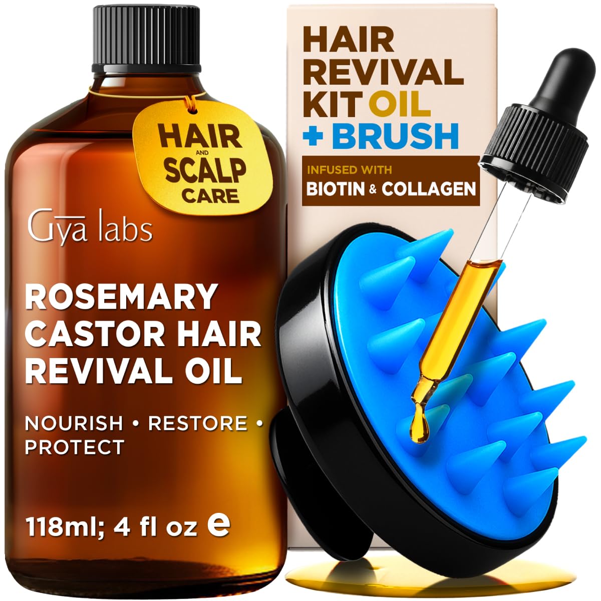 Huile Gya Labs romarin et ricin en bouteille pour nourrir les cheveux.