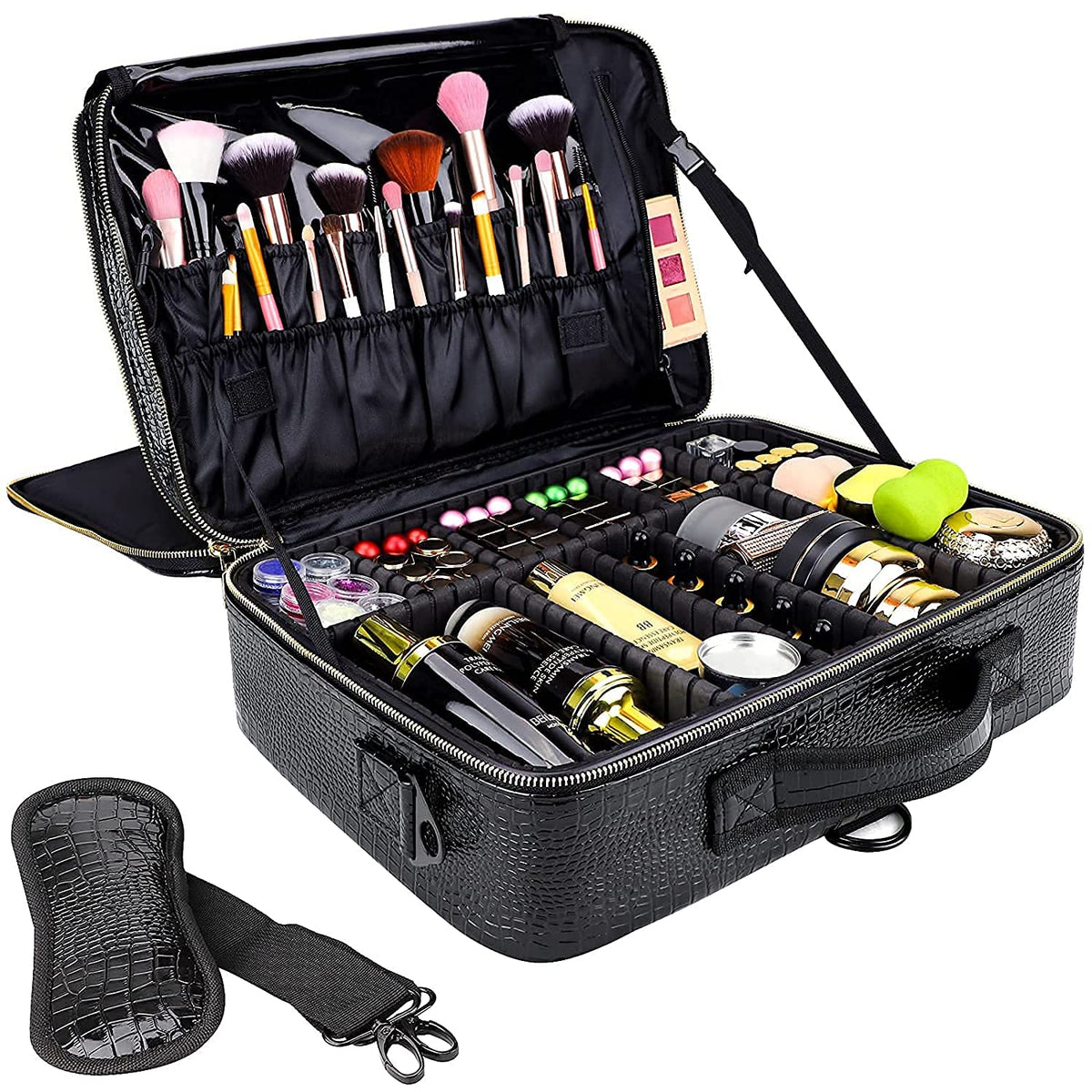 Gzcz coffret maquillage grande capacité, espace généreux pour tout votre nécessaire beauté en voyage.