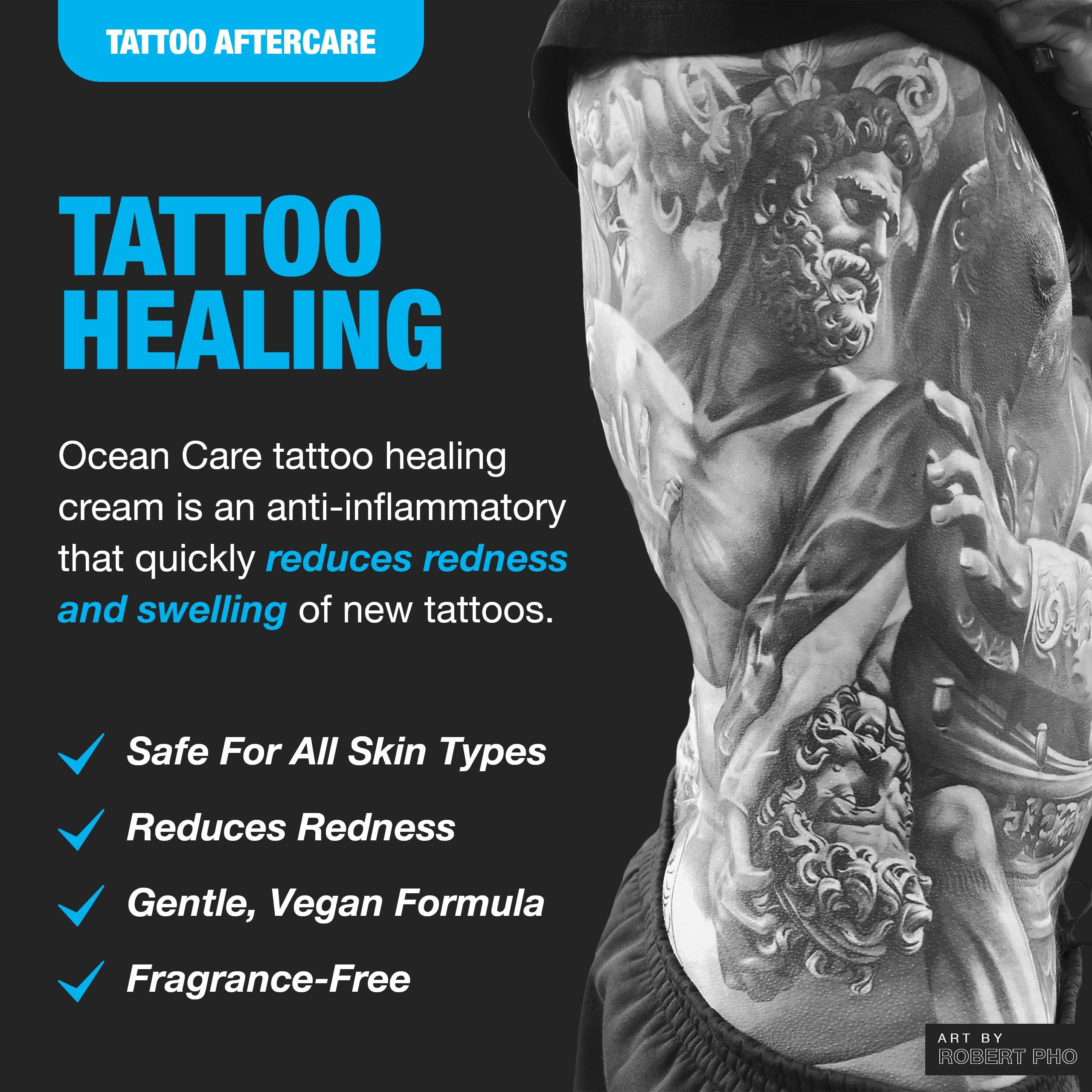 H2Ocean: application rapide qui pénètre sans film gras sur tatouage.