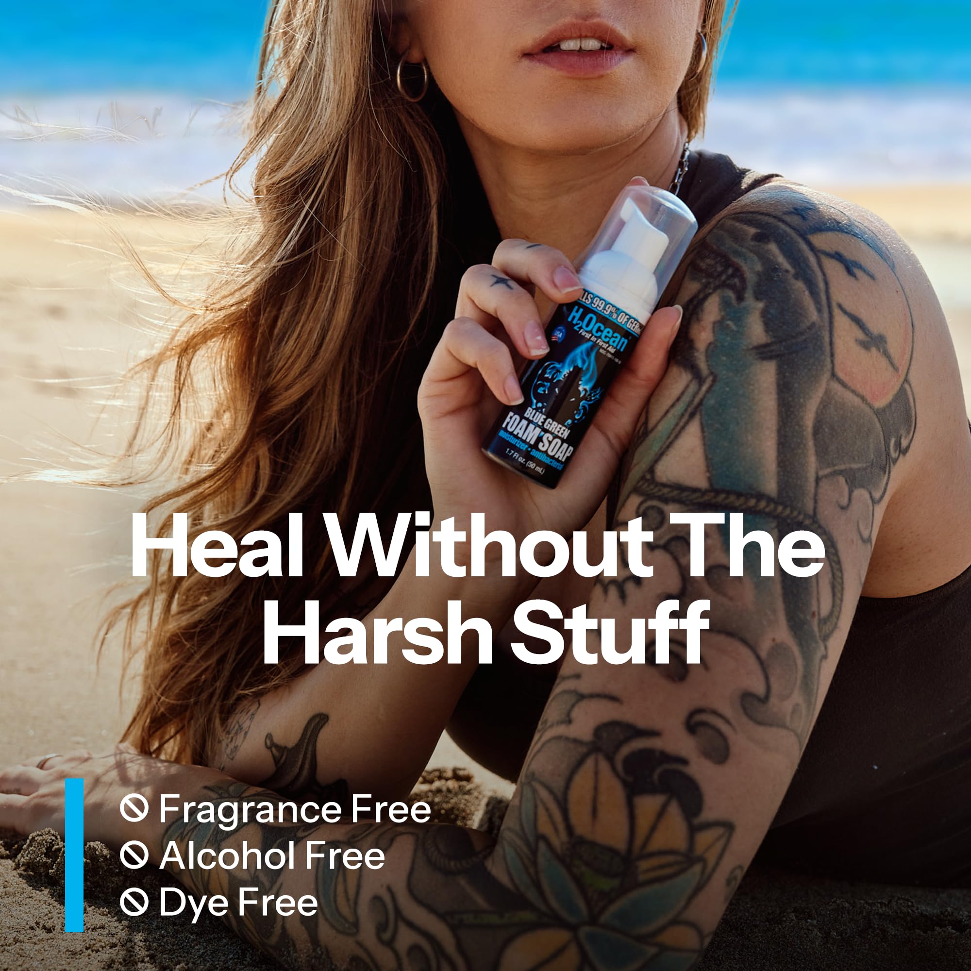 H2Ocean travel-size foam soap bottle ready for on-the-go aftercare.
