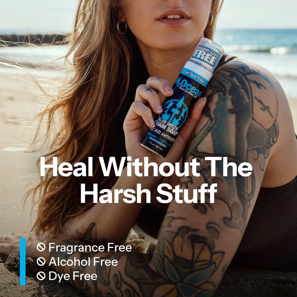 H2Ocean no rinse tattoo cleanser in use on skin