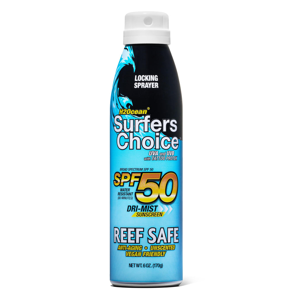 H2Ocean Surfers Choice SPF 50 spray bottle showing quick-dry protection