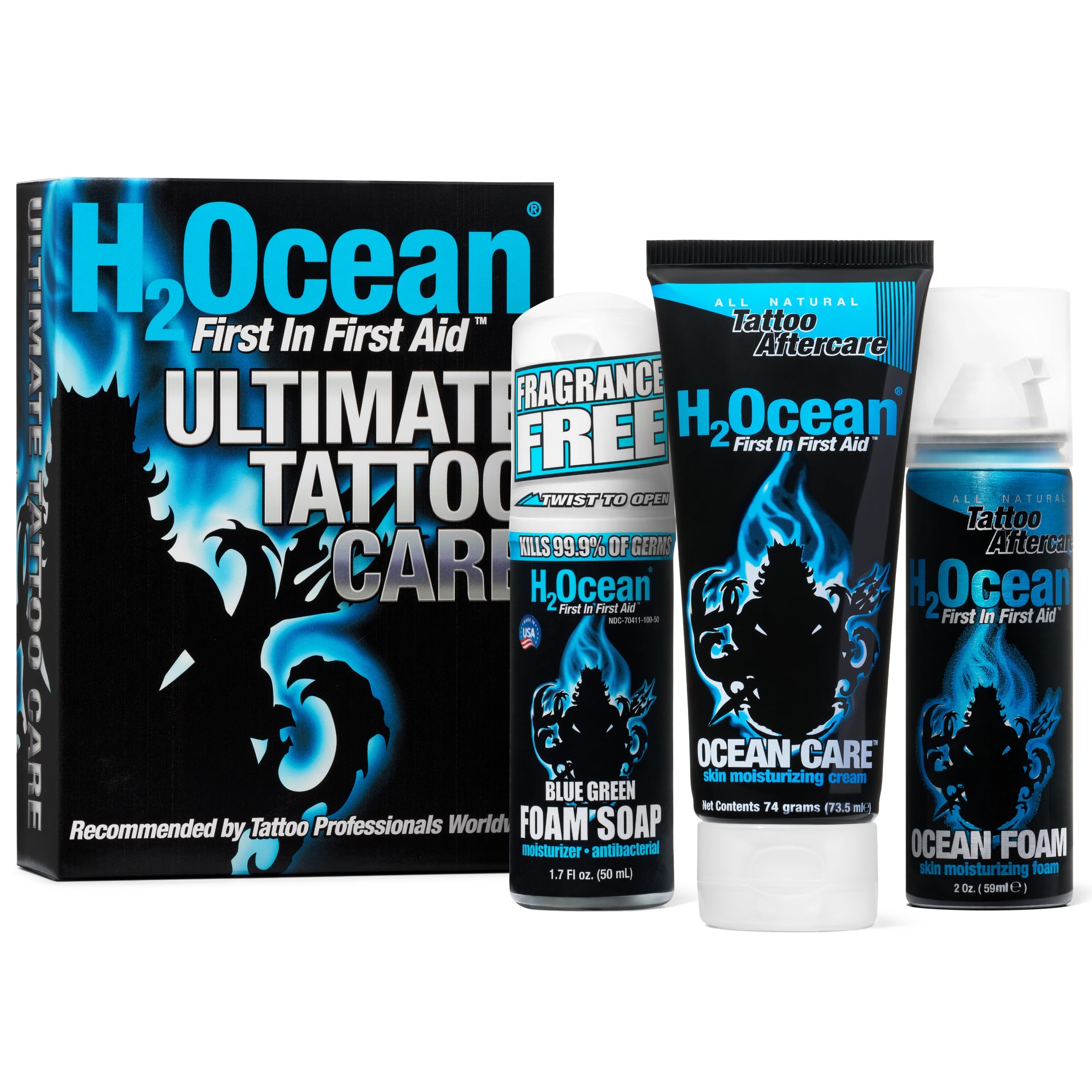 H2Ocean savon bleu-vert: nettoyage en douceur avant tatouage, peau prête.