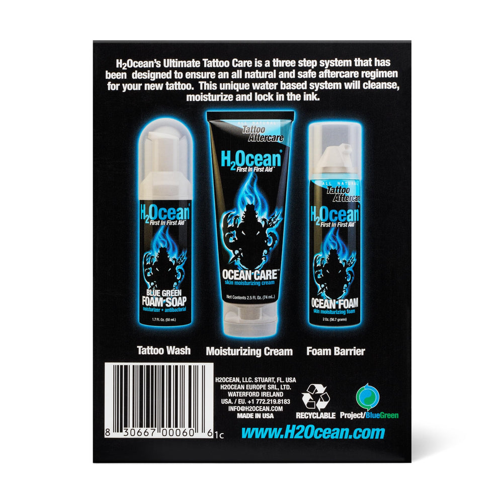 H2Ocean utilisation-quotidienne: routine quotidienne pour peau saine et tatouage protégé.