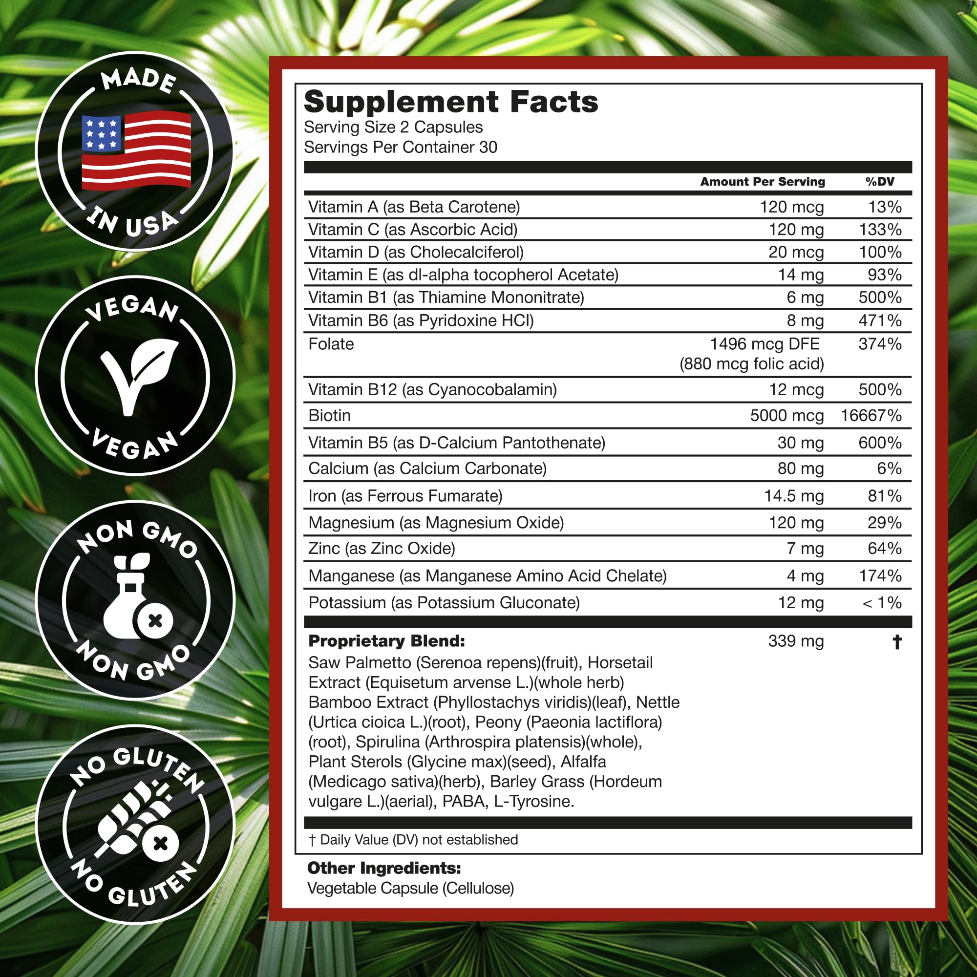 Ingrédients clés Biotine et Saw Palmetto présents dans le produit Hairo Nutrition.