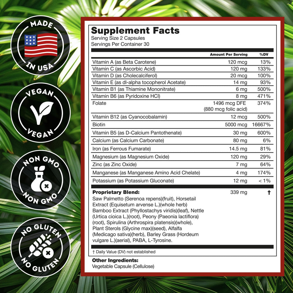 Ingrédients clés Biotine et Saw Palmetto présents dans le produit Hairo Nutrition.