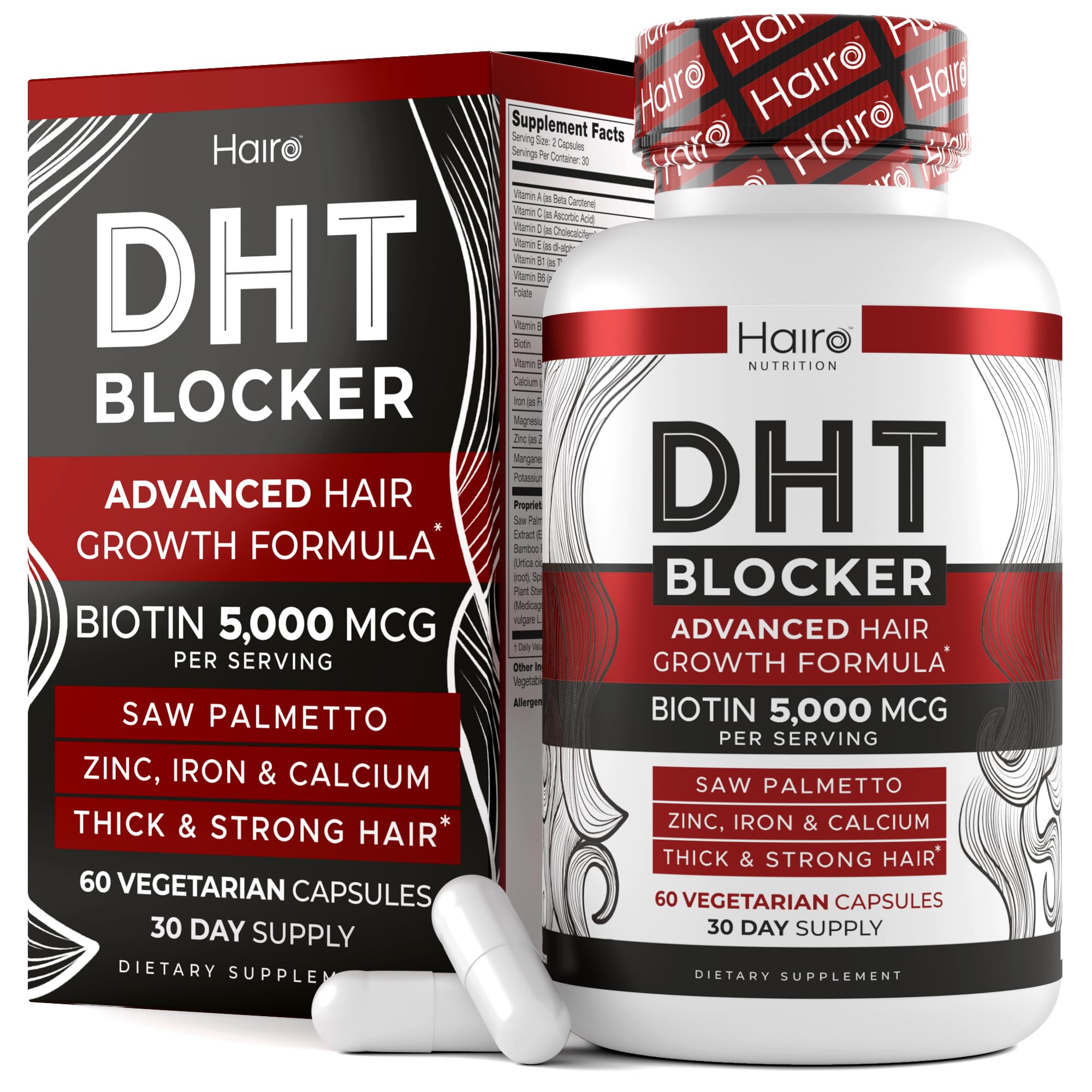 Bouteille Hairo Nutrition DHT Blocker prête à soutenir potentiellement la croissance capillaire.
