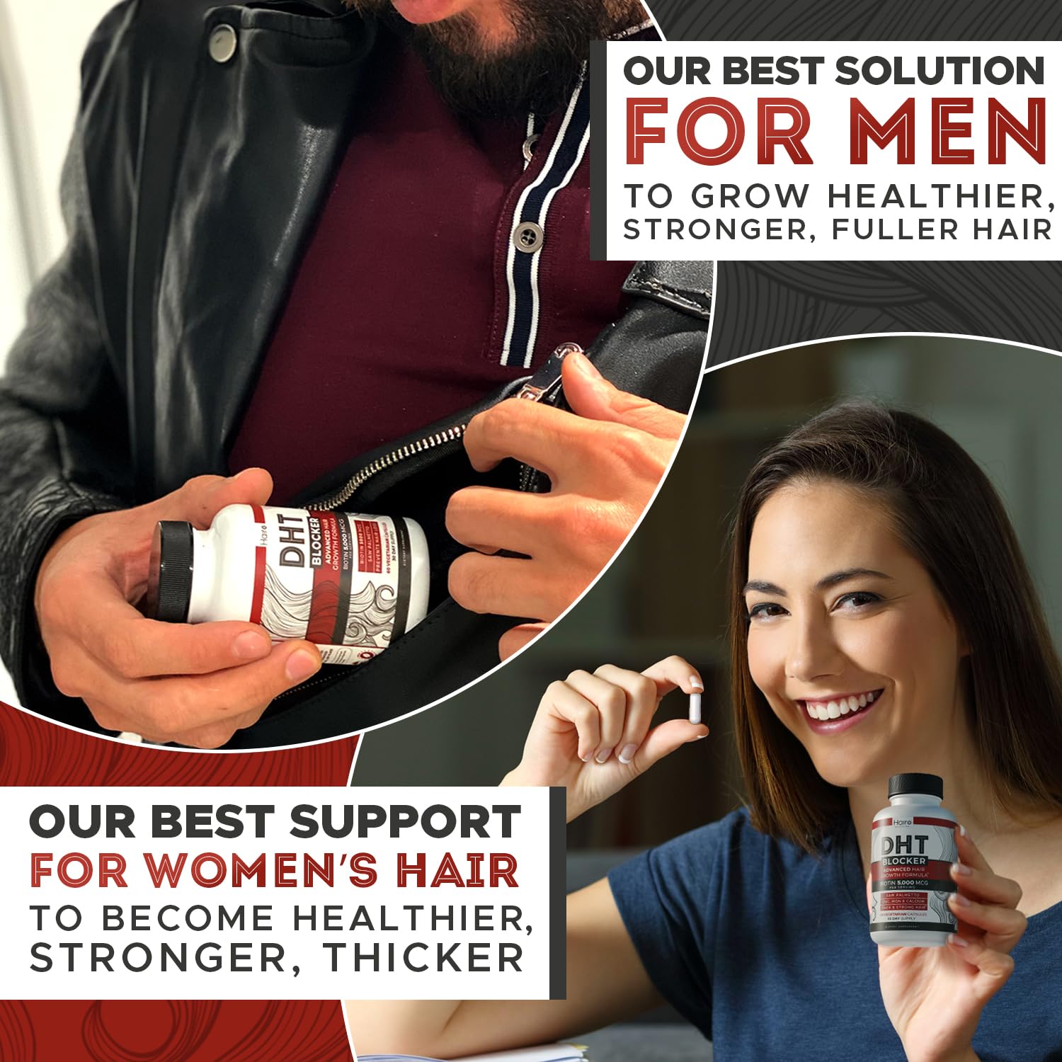 Emballage élégant Hairo Nutrition DHT Blocker sur fond clair.