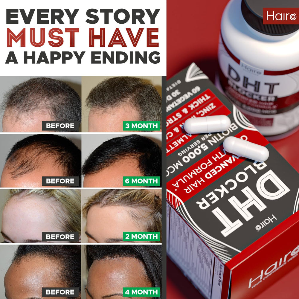 Étiquette du produit Hairo Nutrition DHT Blocker affichant les actifs principaux.