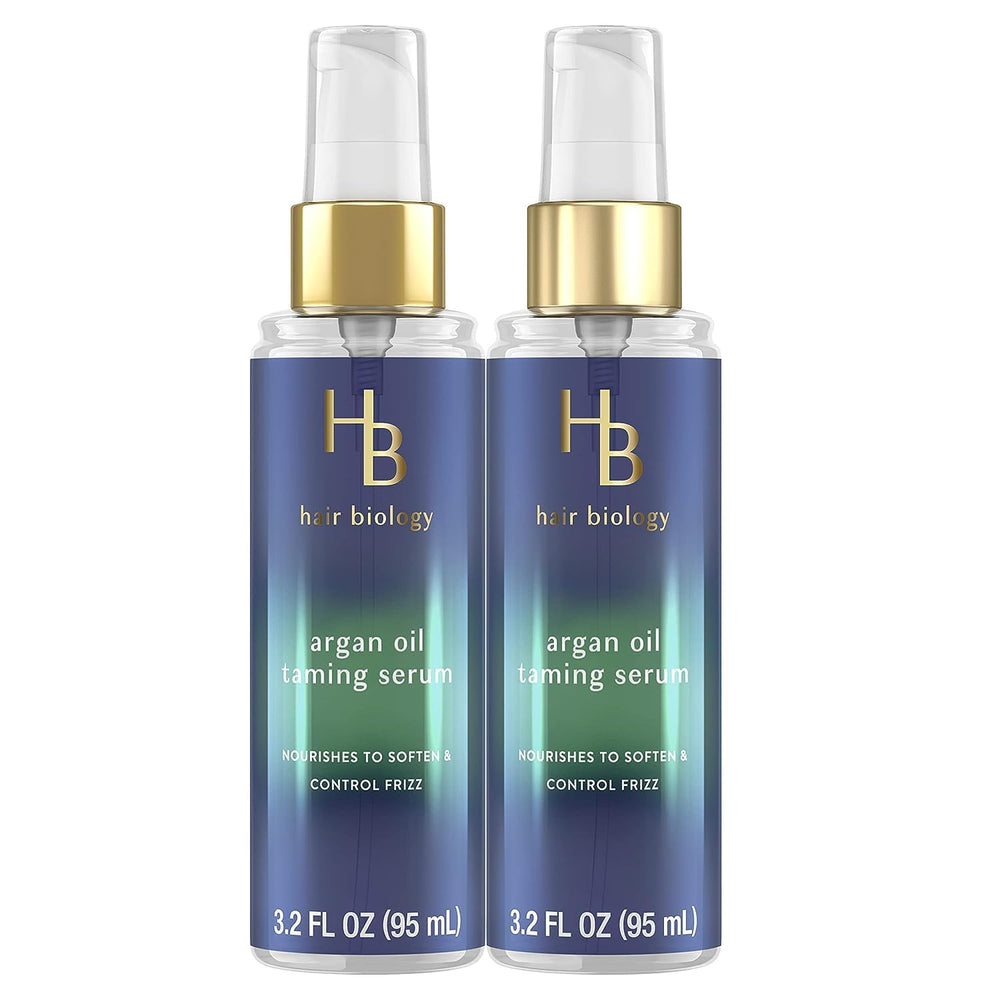 Sérum Hair Biology à l’huile d’argan sur bouteille domptante, cheveux lisses.