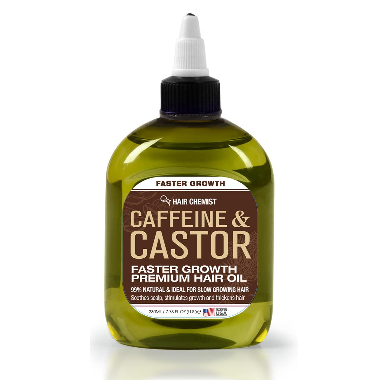 Hair Chemist flacon huile caféine et ricin pour nourrir les cheveux et favoriser la brillance.