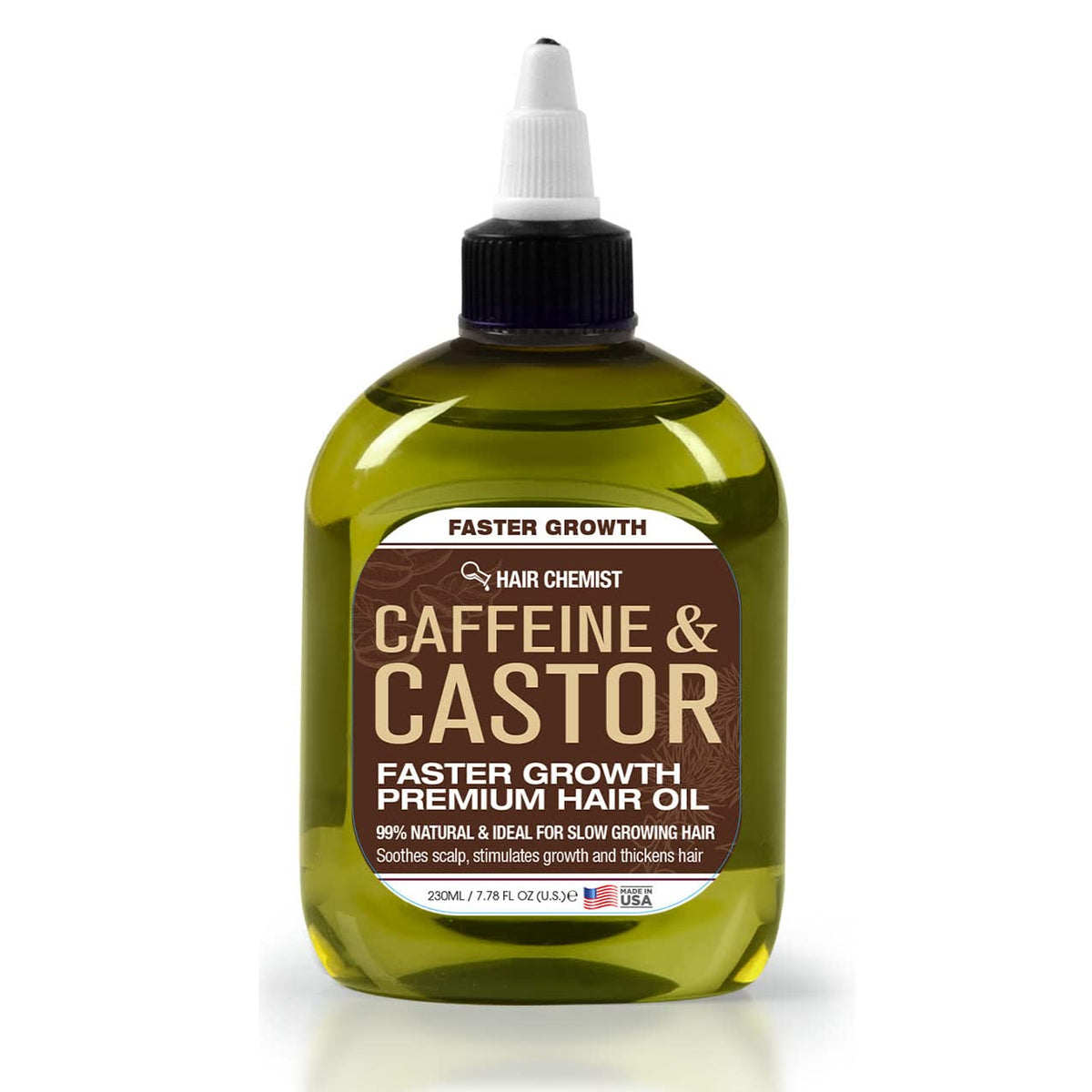 Hair Chemist flacon huile caféine et ricin pour nourrir les cheveux et favoriser la brillance.