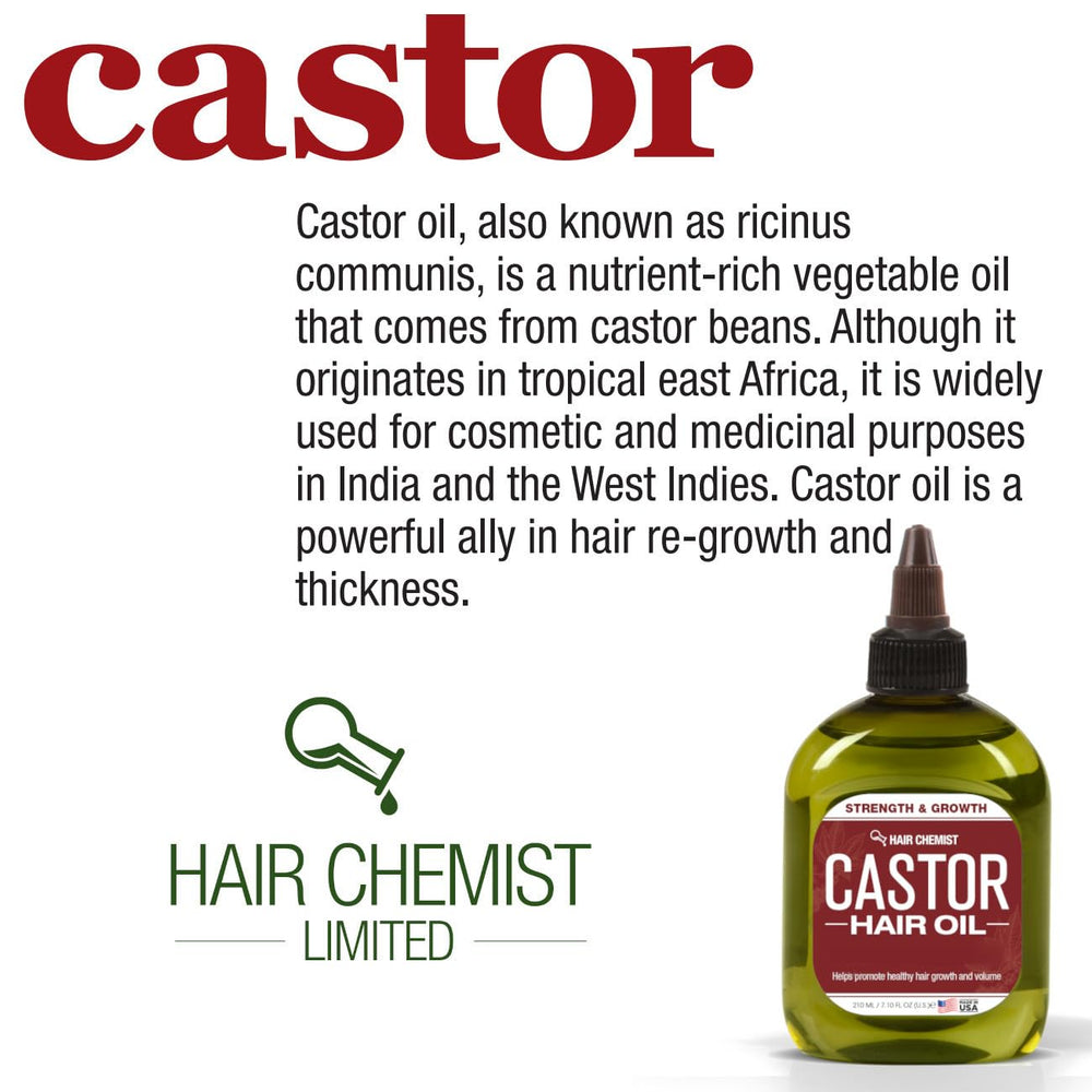 Hair Chemist formule riche en ricin fortifie les longueurs et réduit les cassures.