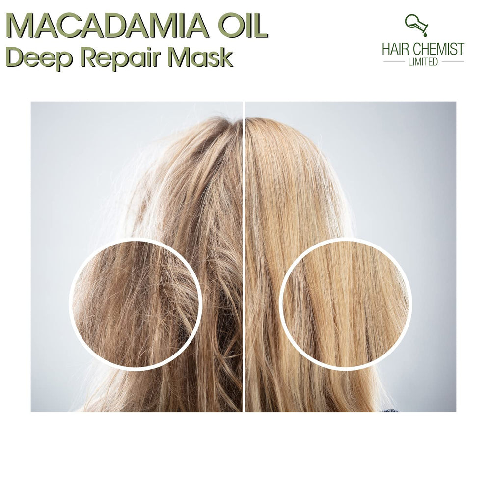 Masque Hair Chemist en action sur cheveux abîmés et secs.