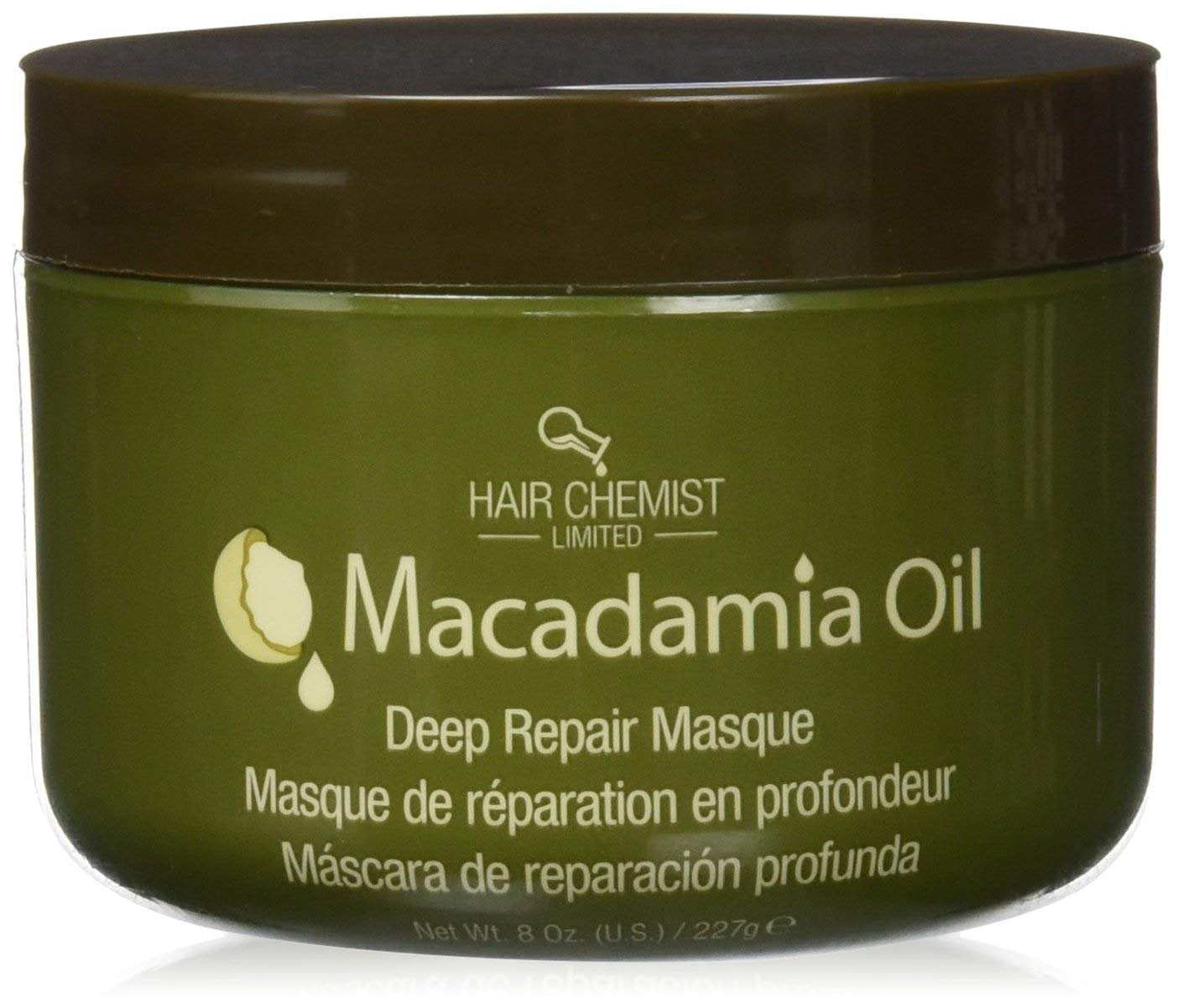 Hair Chemist Huile de Macadamia Masque, bouteille en gros plan et hydratation profonde.