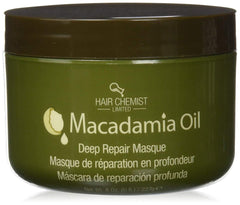 Hair Chemist Huile de Macadamia Masque, bouteille en gros plan et hydratation profonde.