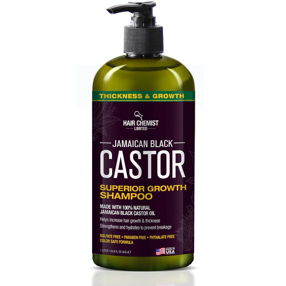 Hair Chemist Shampoing Ricin Noir Jamaïcain en bouteille, routine capillaire durable.