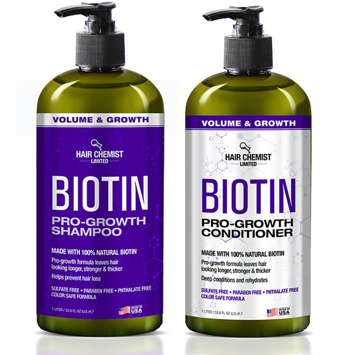 Hair Chemist Pro-Growth Shampoing Biotine – bouteille claire, soutien possible à la densité des cheveux fins.