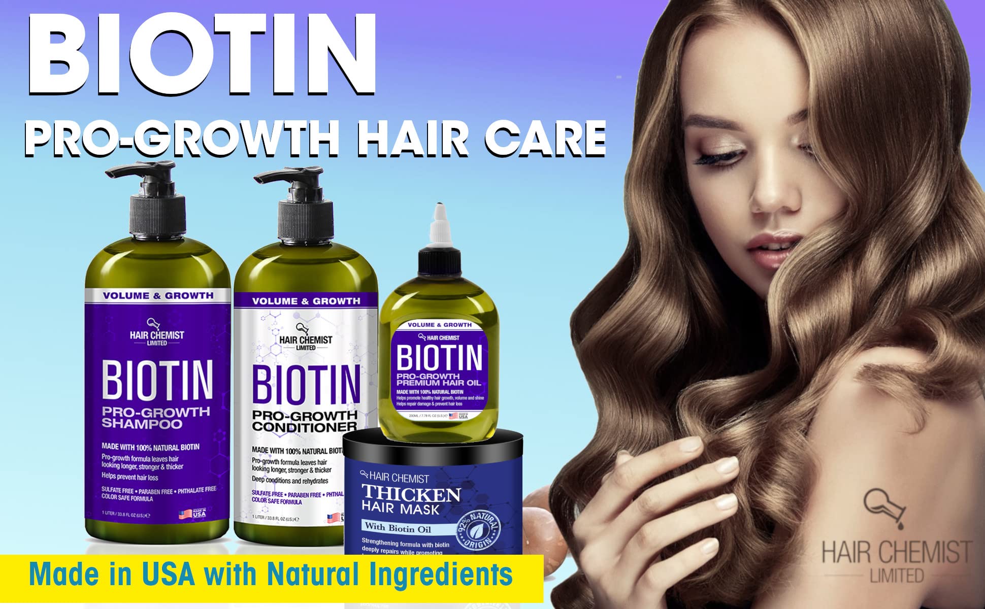 Hair Chemist Fabriqué aux États-Unis – emballage clair et engagement qualité.
