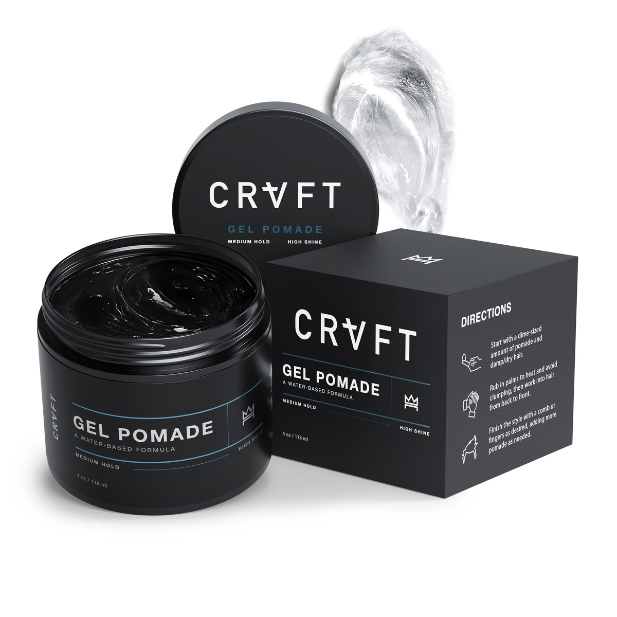 Hair Craft Co. CRVFT Gel Pomade: bouteille 4 oz prête pour un fini net.