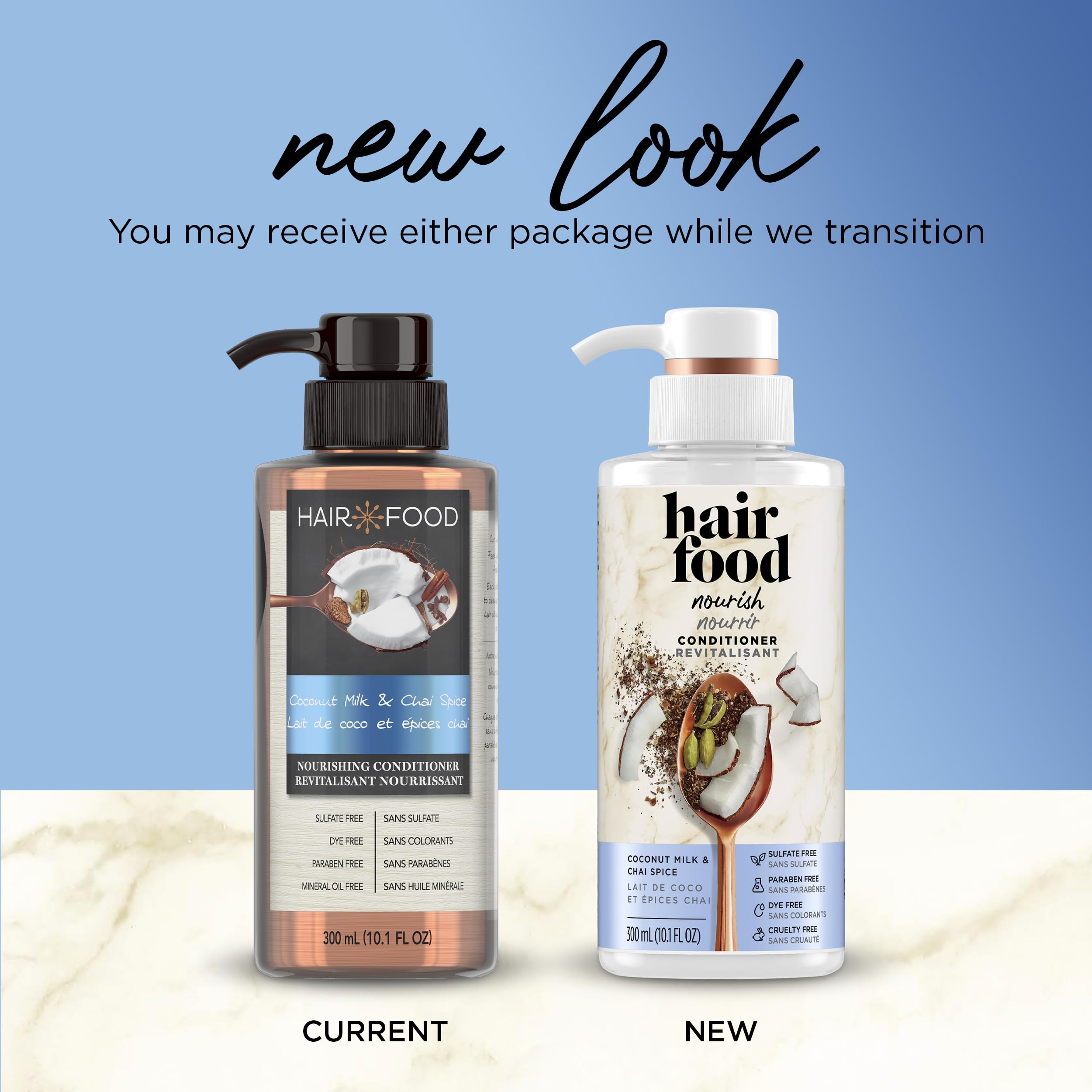 Hair Food Coconut Milk Chai Spice conditioner bottle on bathroom shelf