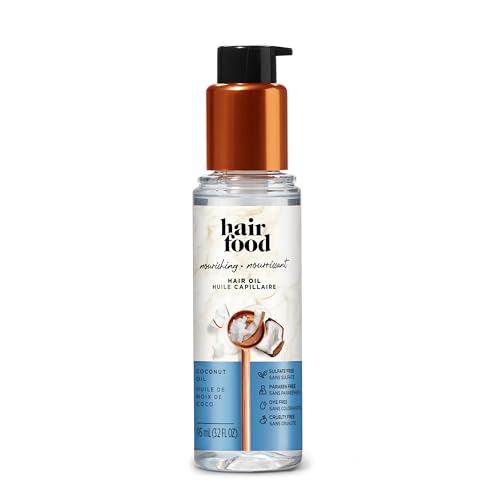 Hair Food Coconut Oil label shows dye-free, color-safe care benefits.