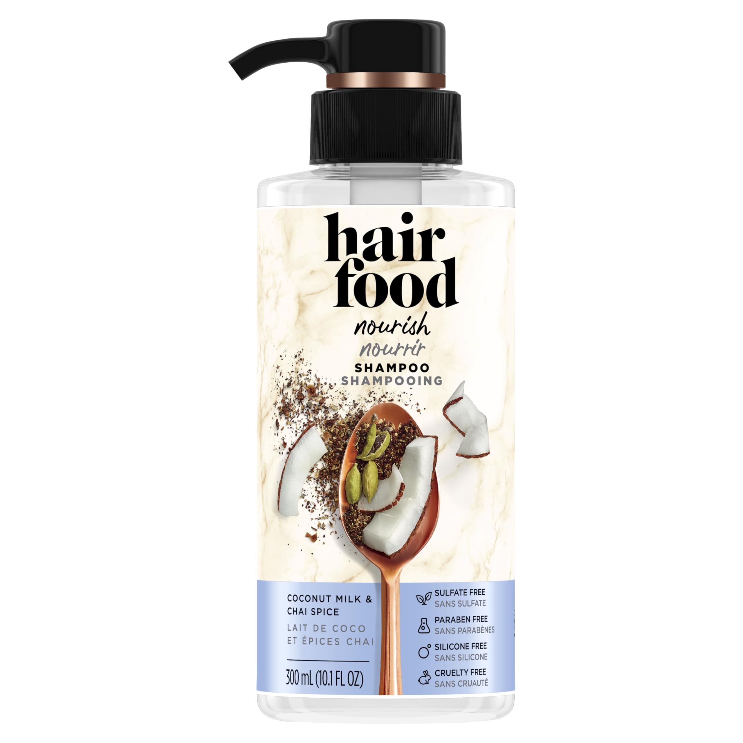 Shampoo Hair Food: bouteille lait de coco et chai, parfum enveloppant pour les cheveux.