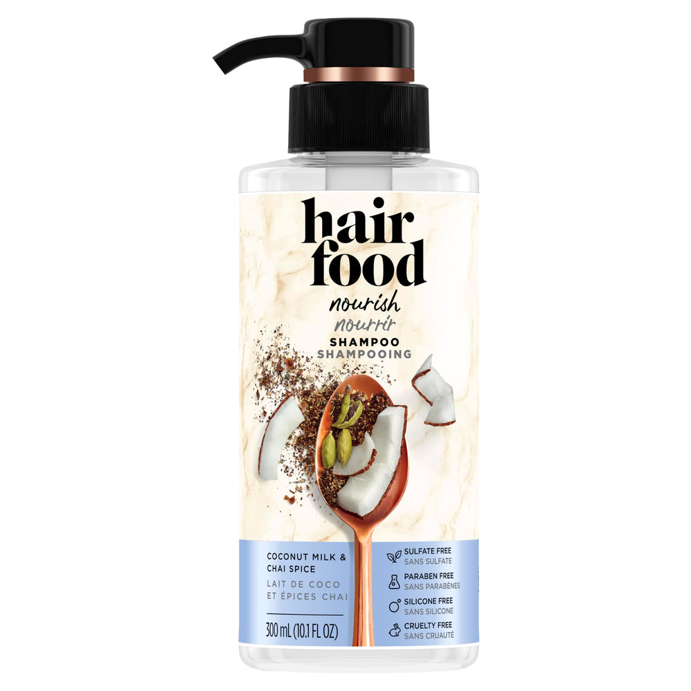 Shampoo Hair Food: bouteille lait de coco et chai, parfum enveloppant pour les cheveux.