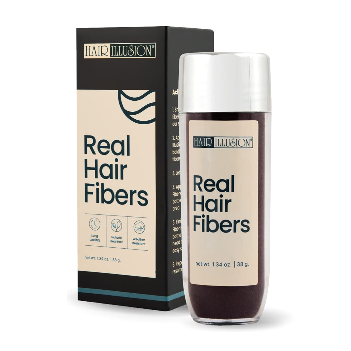Hair Illusion fibres capillaires brun foncé pour une apparence dense et naturelle.