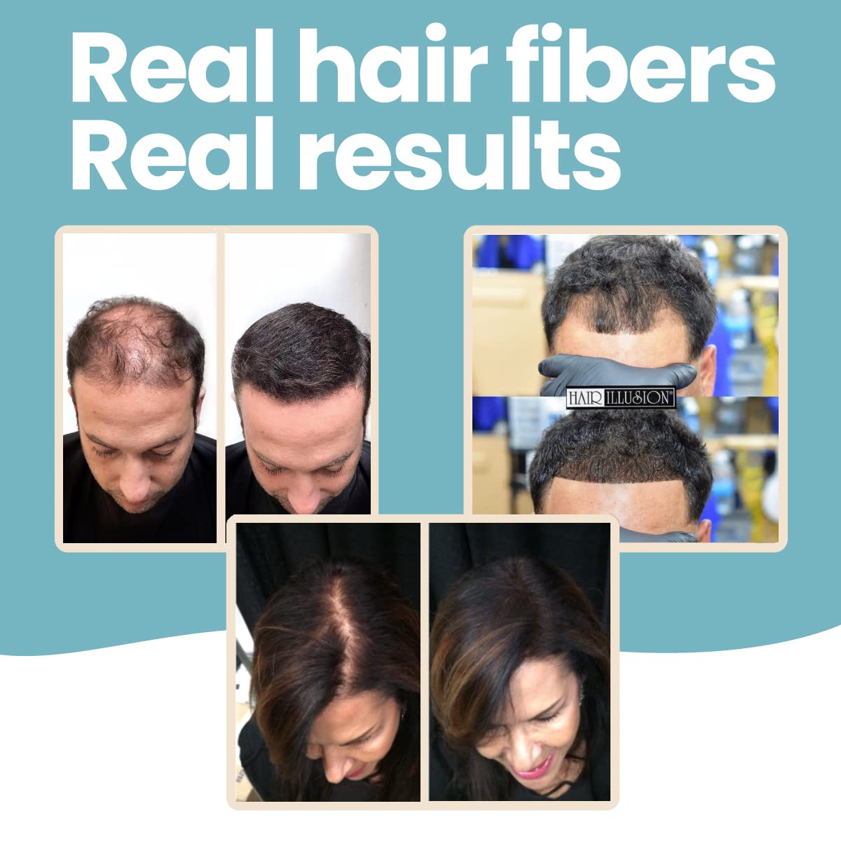 Hair Illusion fibres réelles naturelles se fondent avec vos cheveux pour un rendu discret.