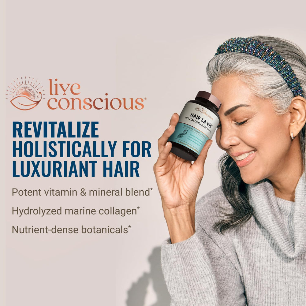 Hair La Vie Live Conscious: étiquette présentant les ingrédients clés et les bénéfices potentiels.
