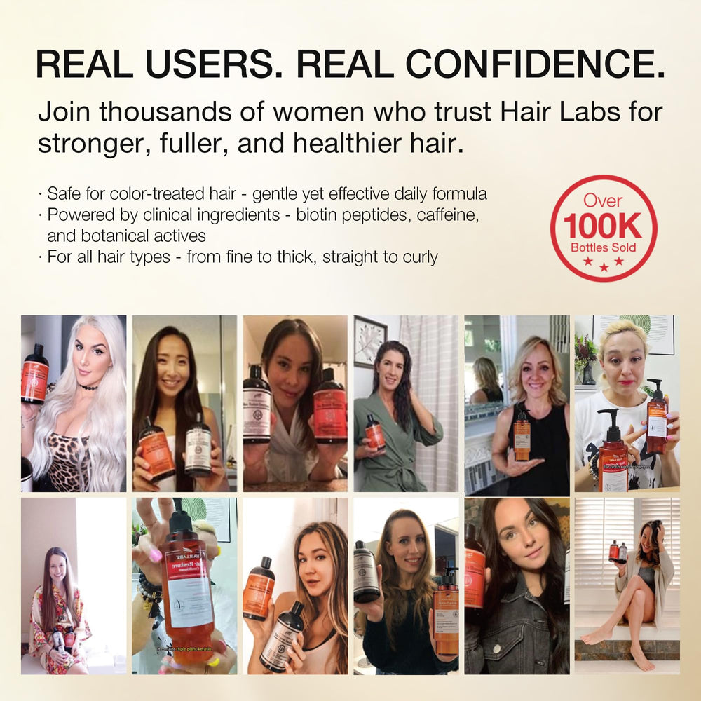 Hair Labs Biotin Peptide Shampoo bottle back highlights nourishing ingredients for follicles.
