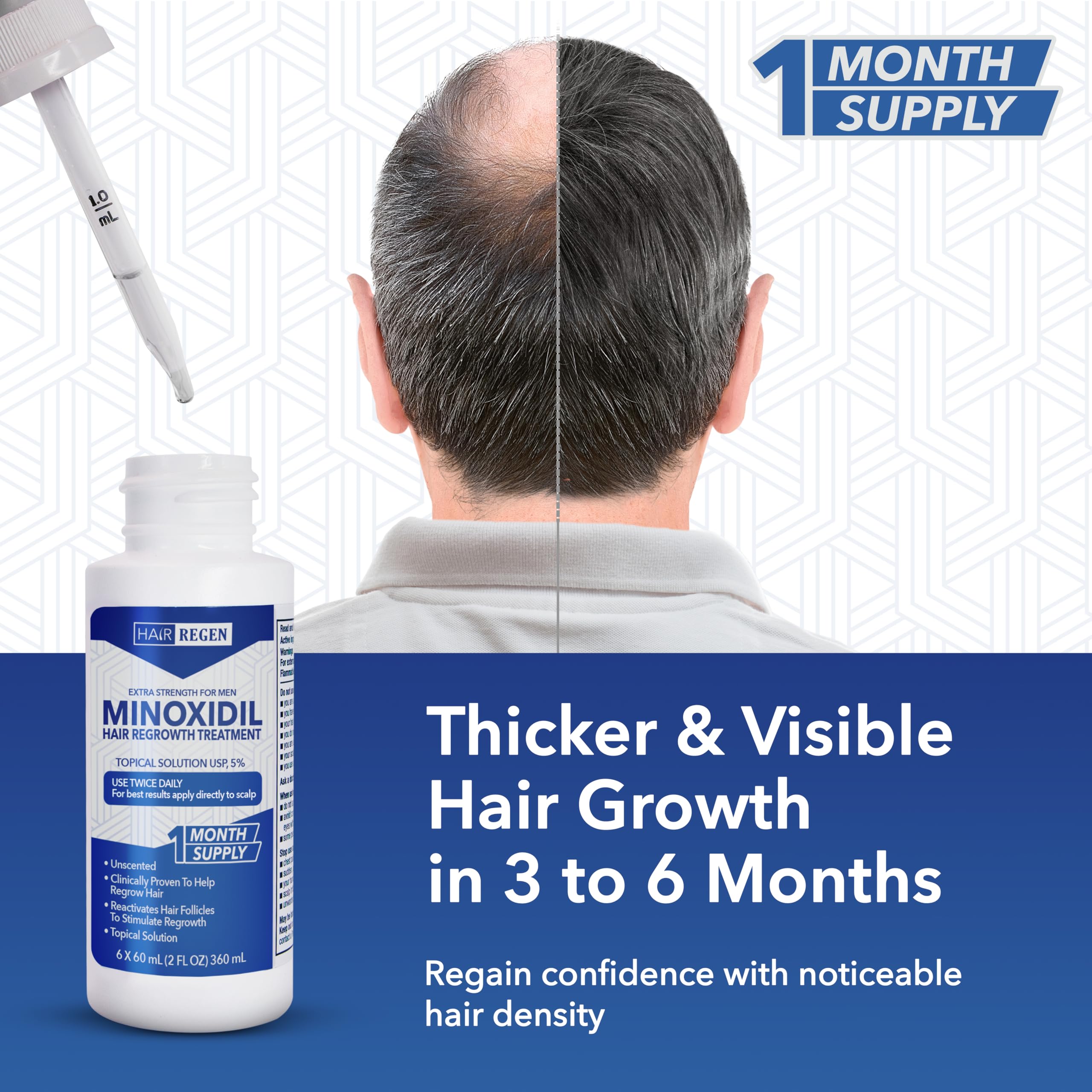 Hair Regen Minoxidil: emballage 1 pack 1 mois pour facilité d'utilisation.