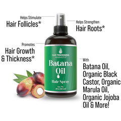 Pulvérisation du Hair Thickness Maximizer Batana Oil sur le cuir chevelu.