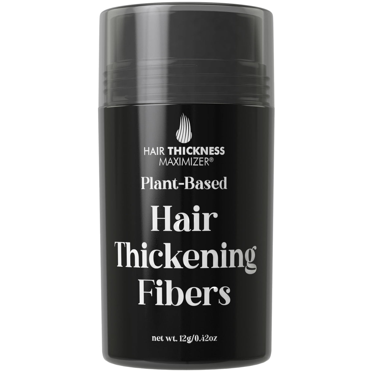 Hair Thickness Maximizer bottle closeup highlights plant-based fibers for instant coverage.