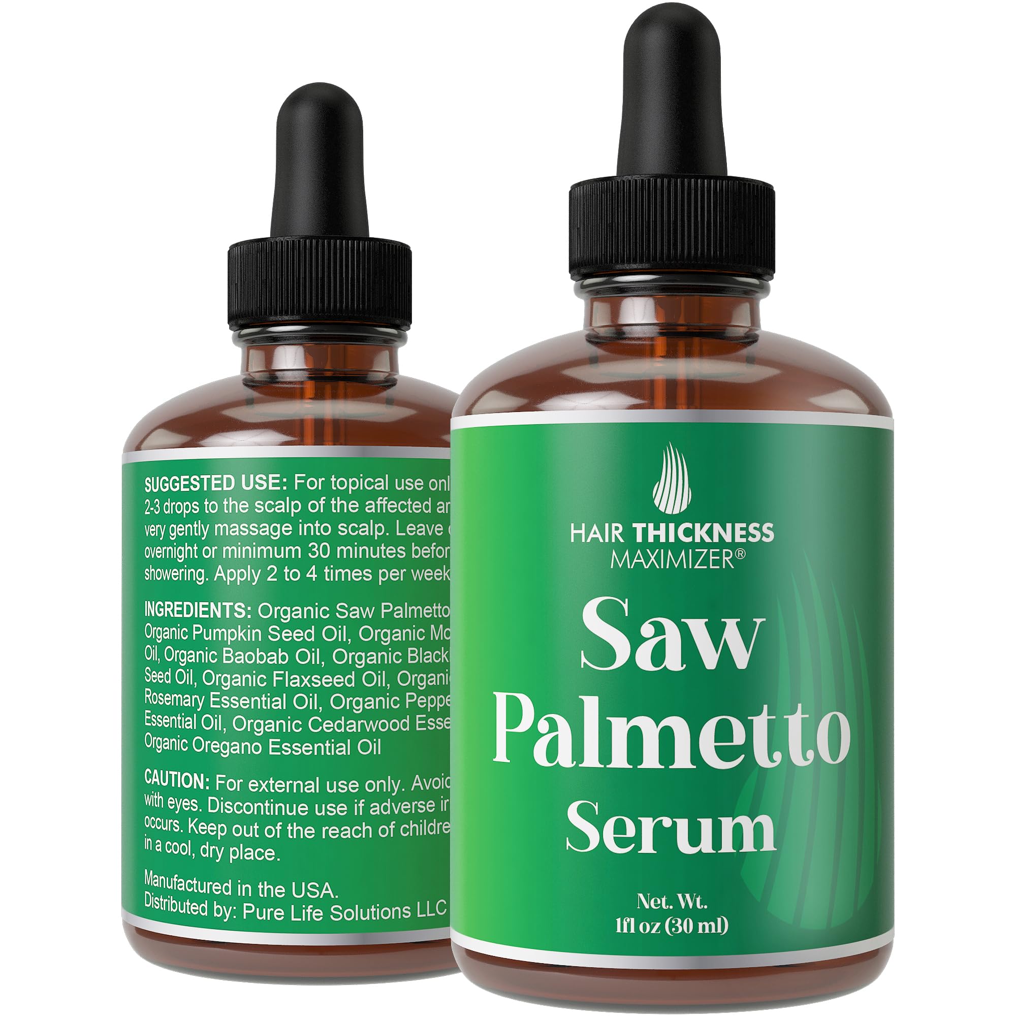 Hair Thickness Maximizer Saw Palmetto Serum bottle with rosemary oil for scalp nourishment.