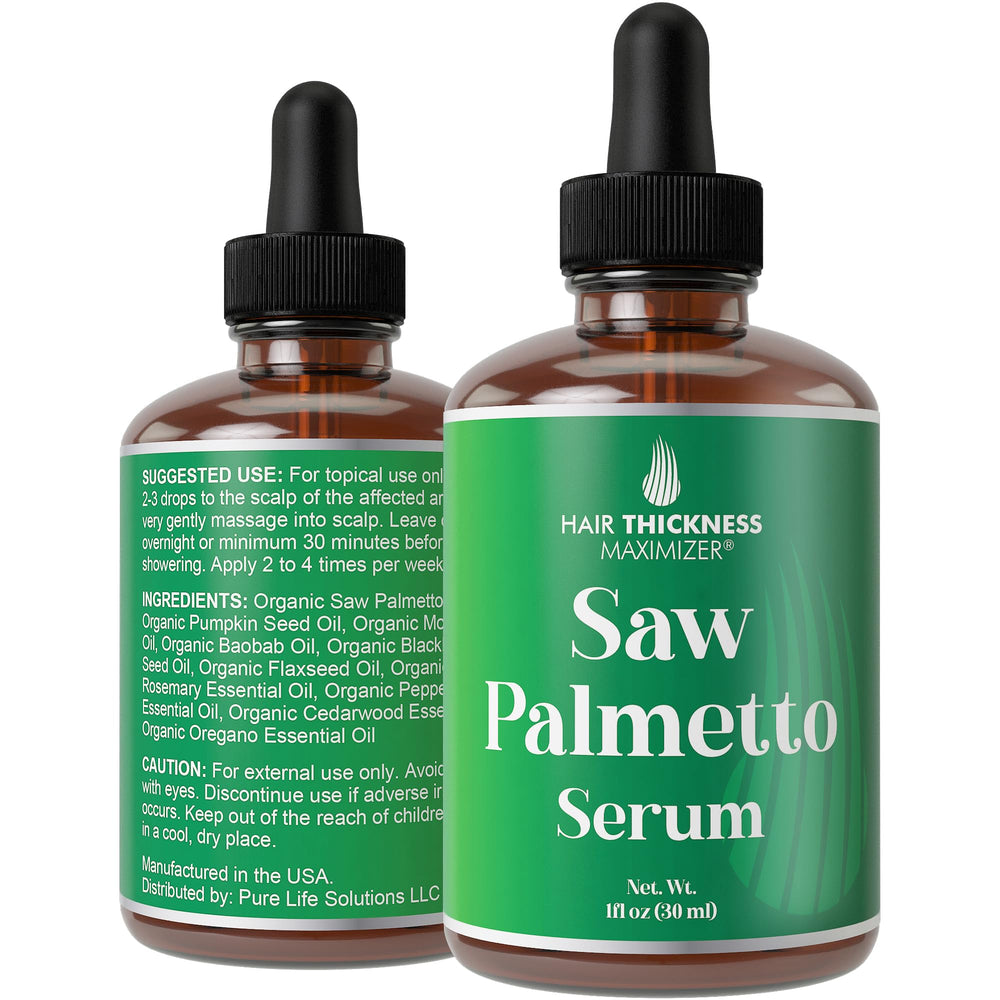 Hair Thickness Maximizer Saw Palmetto Serum bottle with rosemary oil for scalp nourishment.