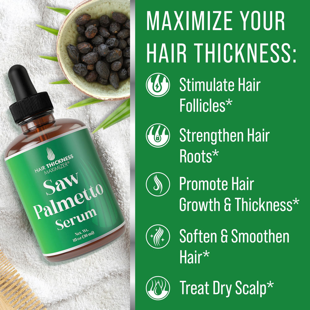 Hair Thickness Maximizer Saw Palmetto Serum 1 oz bottle ideal for daily use.