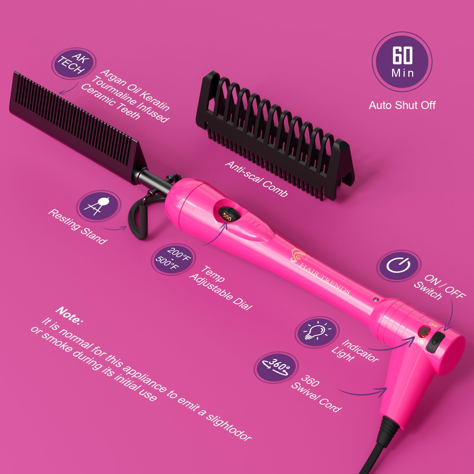 Hair Trends peigne chauffant rose avec protection cuir chevelu anti-brûlure