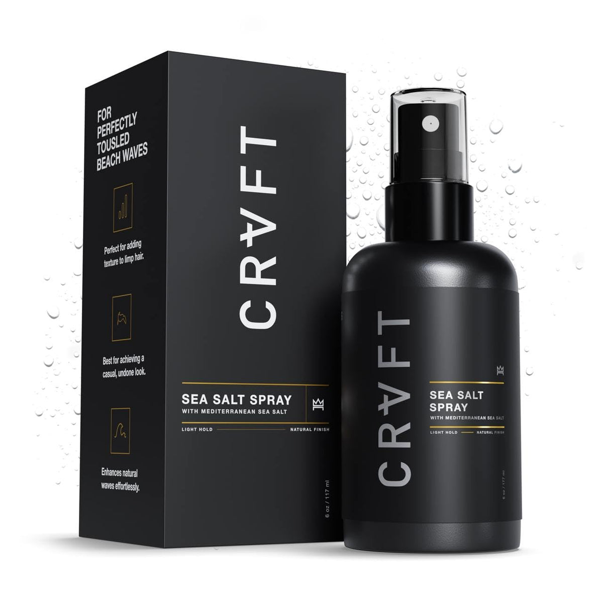 CRVFT Spray au sel marin Hair Craft Co., bouteille en vue, fini naturel.