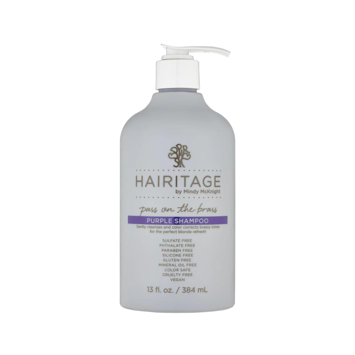 Hairitage Pass sur le Brass Purple Shampooing – Bouteille pour neutraliser les reflets chauds et hydrater les cheveux colorés.