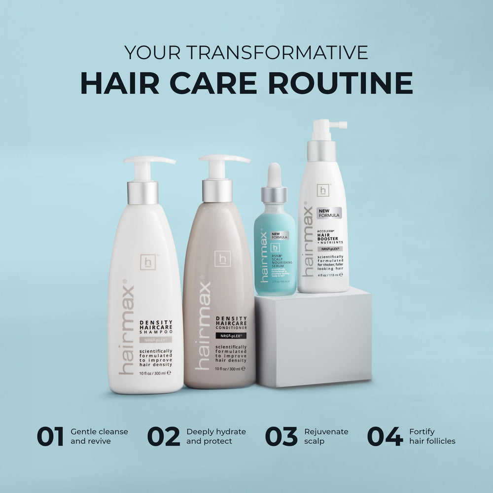 Hairmax Acceler8 contient extraits pomme souche et reishi pour nourrir le cuir chevelu.