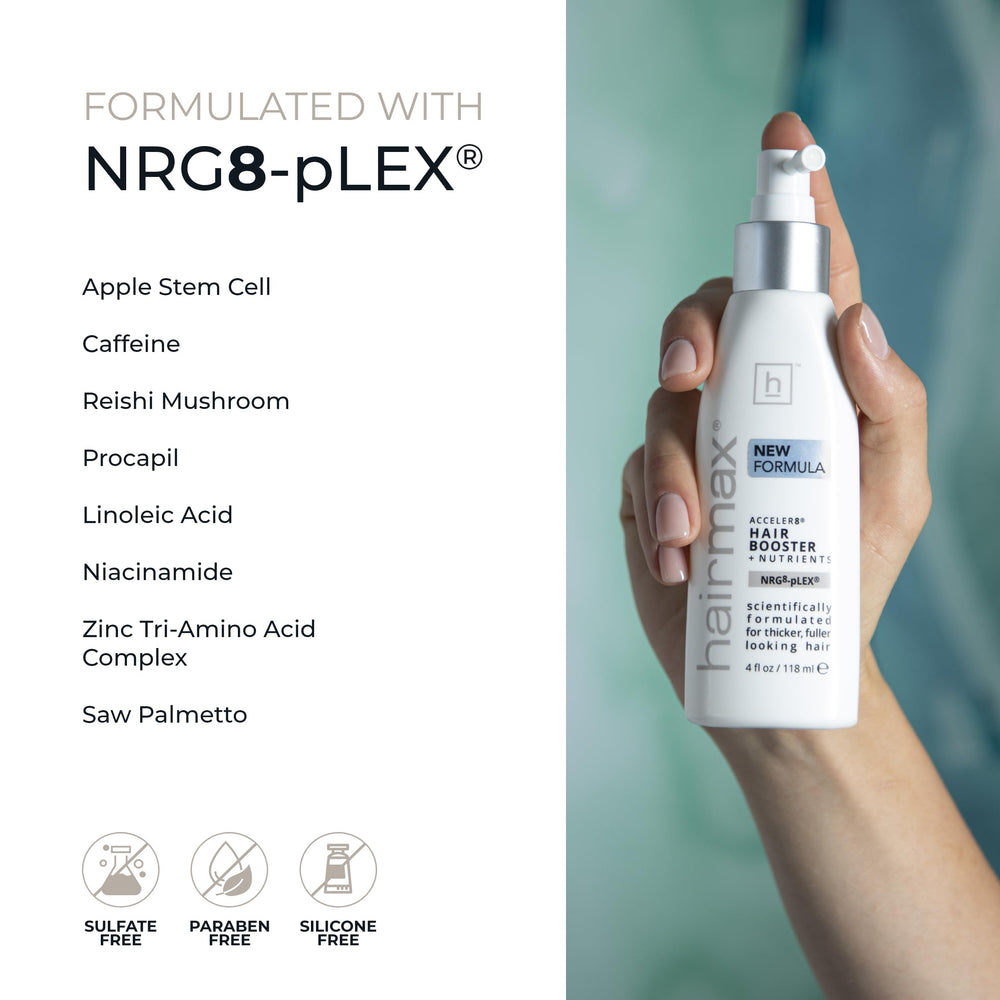 Hairmax Acceler8 sans sulfates ni parabènes pour une routine respectueuse.