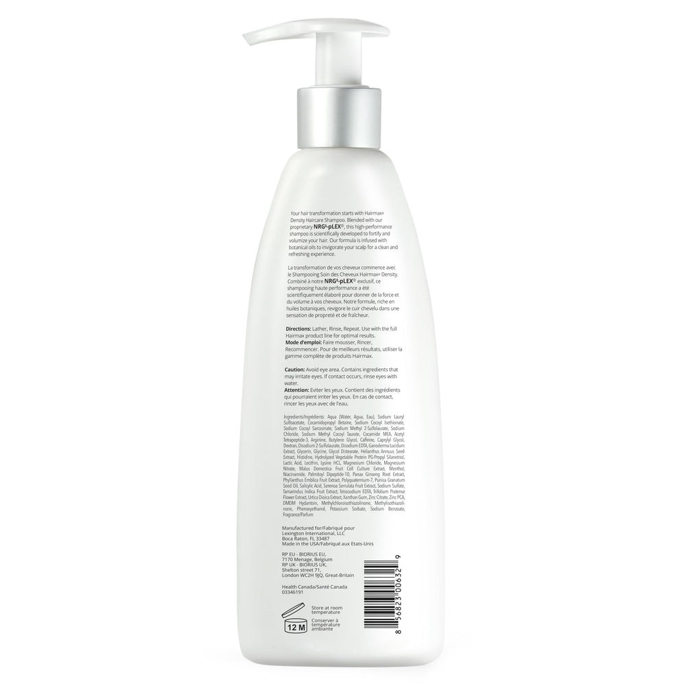 Hairmax shampooing densité, application douce et massage du cuir chevelu pour revitaliser les racines.