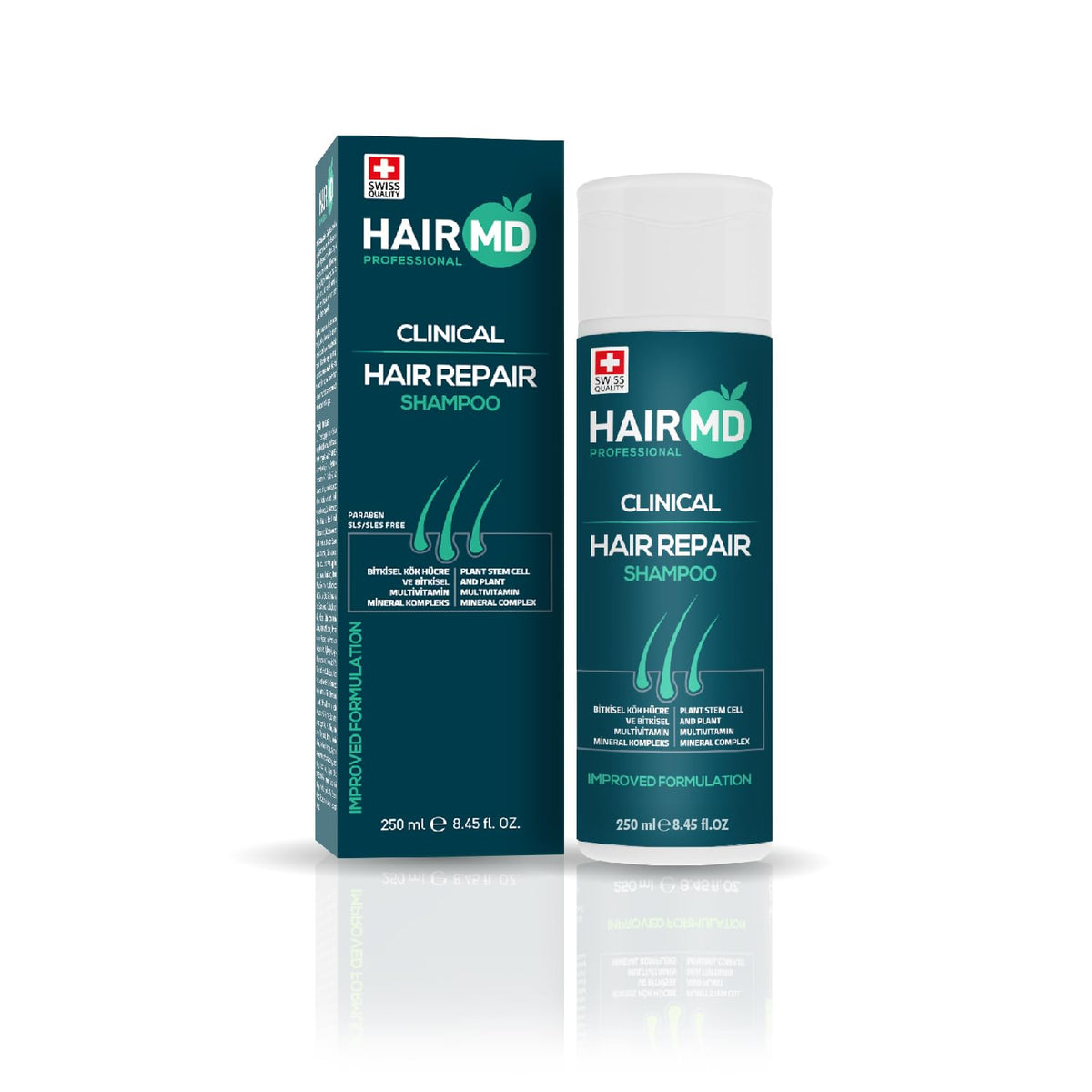 HairMD Shampoing Réparation Transplantation, bouteille 250 ml pour l’entretien post-transplantation.