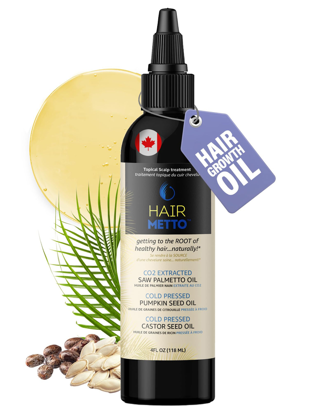HAIRMETTO – bouteille huile-potiron-palmetto pour nourrir le cuir chevelu et soutenir la vitalité capillaire.
