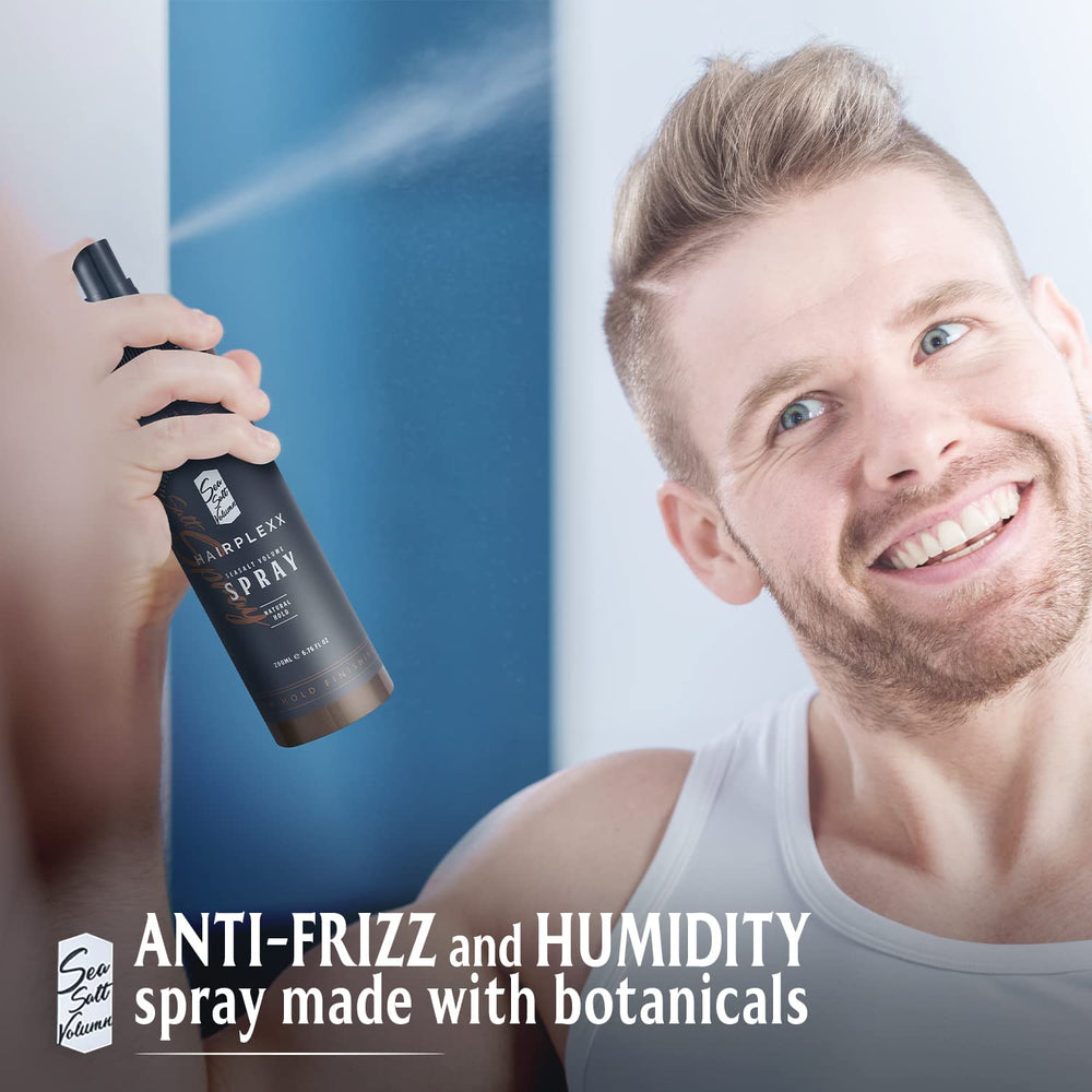 Bottle angled to showcase the matte finish and natural hold of Hairplexx Sea Salt Volume.