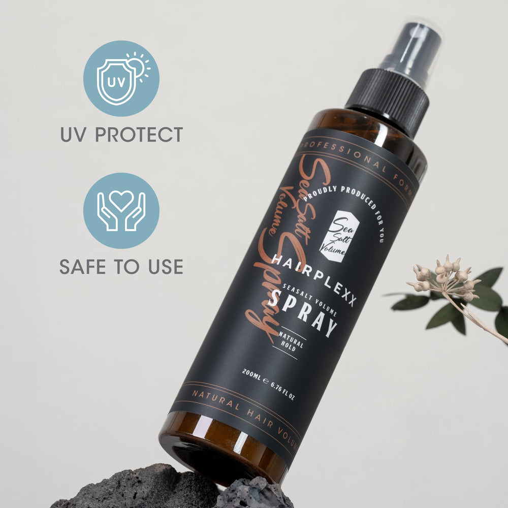 Ocean-inspired bathroom scene showcasing Hairplexx Sea Salt Volume on a shelf.