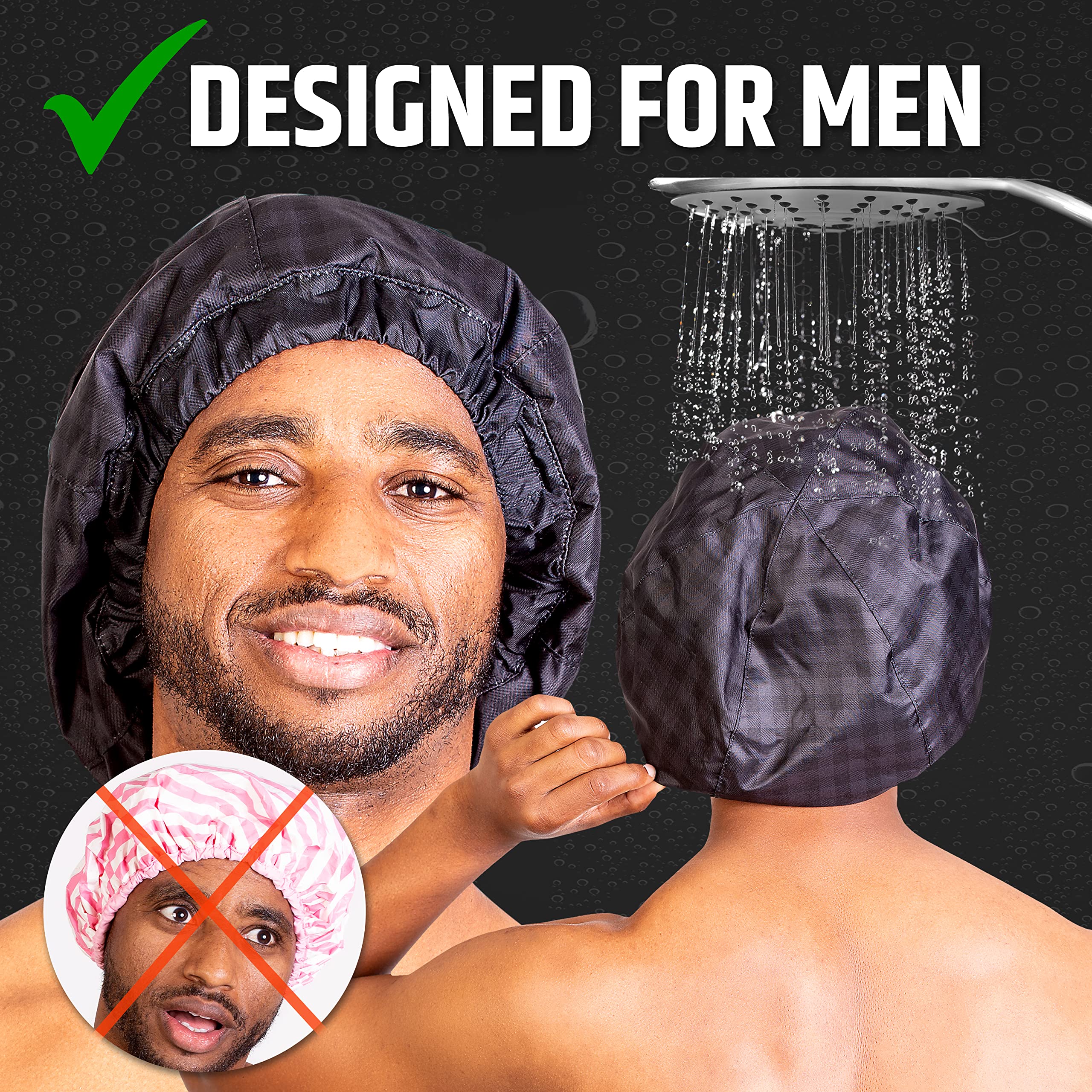 HAIRSOME cap-douche-homme-noir-cheveux-longs reste bien en place.