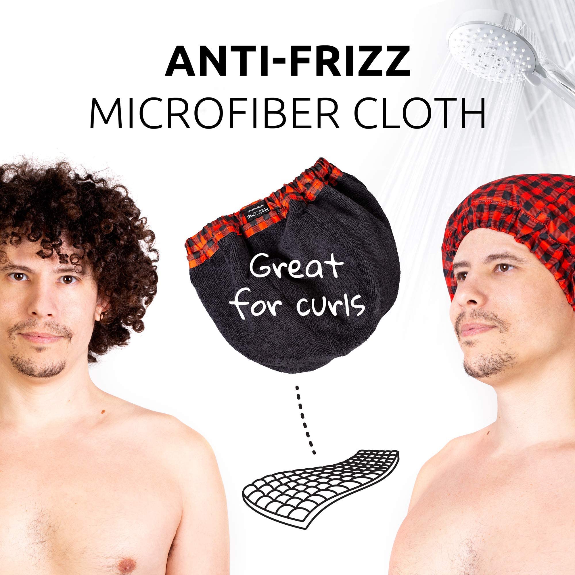 HAIRSOME cap-douche-homme-noir-frizz-protection pour des boucles définies.